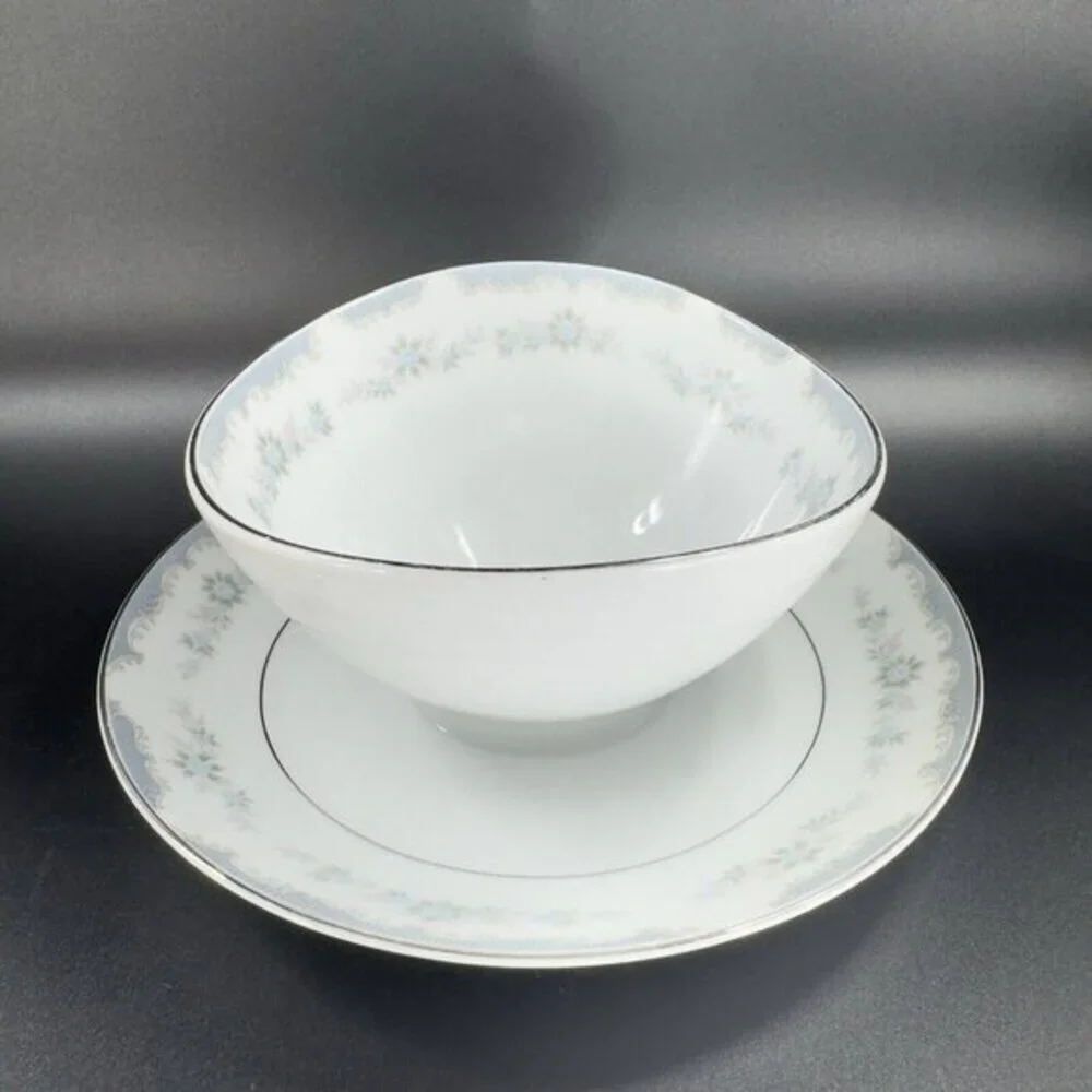Vintage Narumi Gravy Boat W Attached Underplate Japan‎ China Blue Flowers VTG